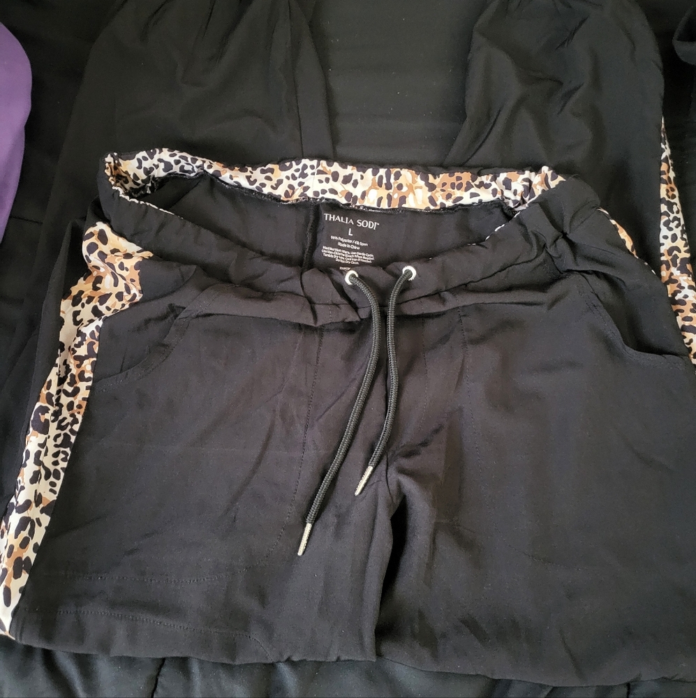 Thalia Sodi Black Scrubs with Leopard Accent